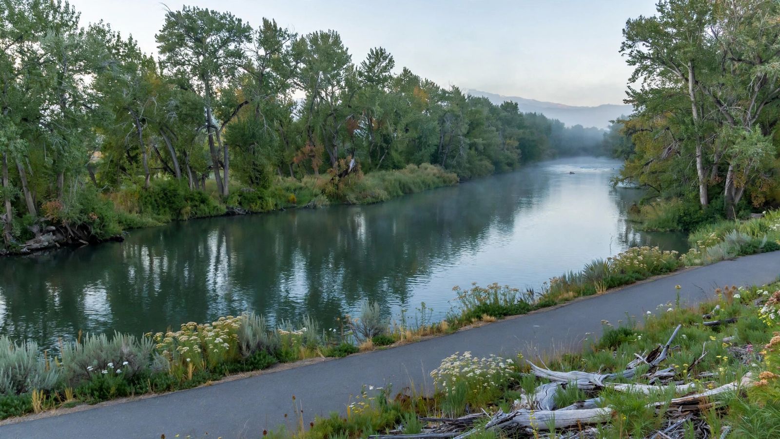 Calm stretch of the Boise River greenbelt with cottonwood trees and a walking path in morning light