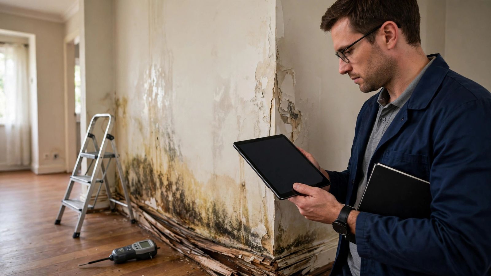 Inspector documenting a water-stained wall with a tablet during a damage assessment