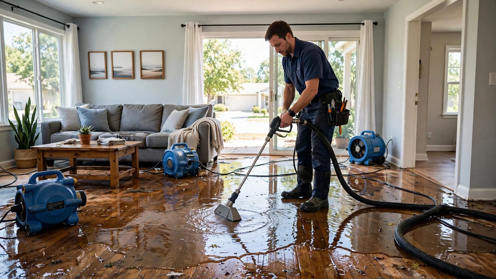 Restoration technician extracting standing water from a flooded living room floor with professional equipment