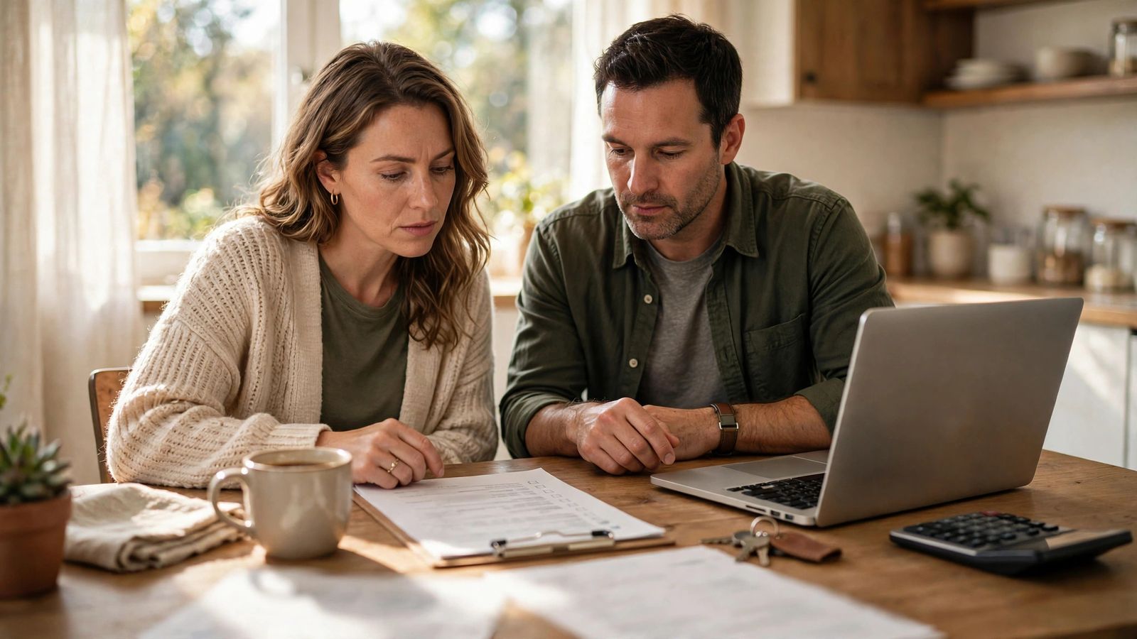 Homeowners reviewing paperwork and restoration costs at a kitchen table